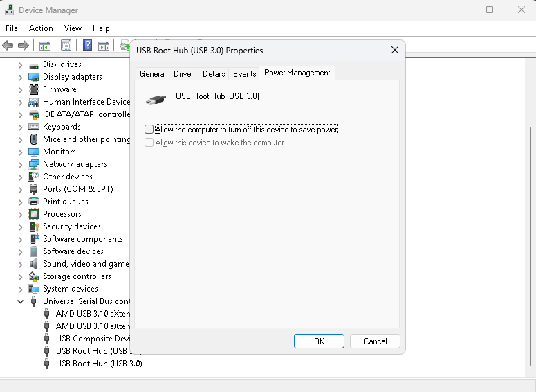 Disable Power saving from USB root hub properties