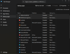 Task Manager showing startup apps list