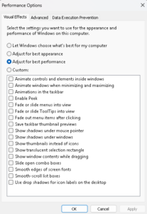 Windows performance options settings menu